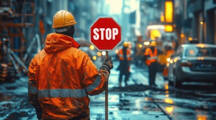Construction Worker Holding a Stop Sign Directing Traffic in a Busy Urban Environment for Use in Safety Campaigns and Traffic Management Articles