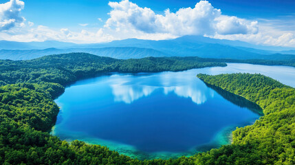 Fototapeta premium A stunning aerial view of a pristine lake reflecting the sky and surrounded by lush mountains and forests