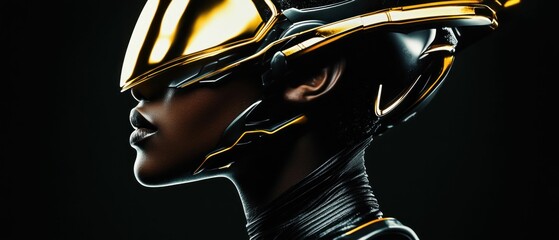 Futuristic Woman Wearing Advanced Cyber Helmet