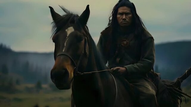Video recreation of american indigenous indian riding a horse