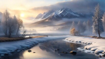 Winter landscape with a river on the background of snow-capped mountains during sunrise in pastel colors