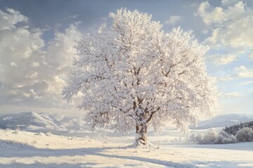 Majestic snow covered tree standing on snowy field in winter landscape