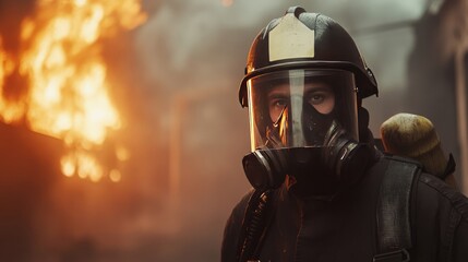 Fototapeta premium Firefighter in Protective Gear Standing Before a Burning Building
