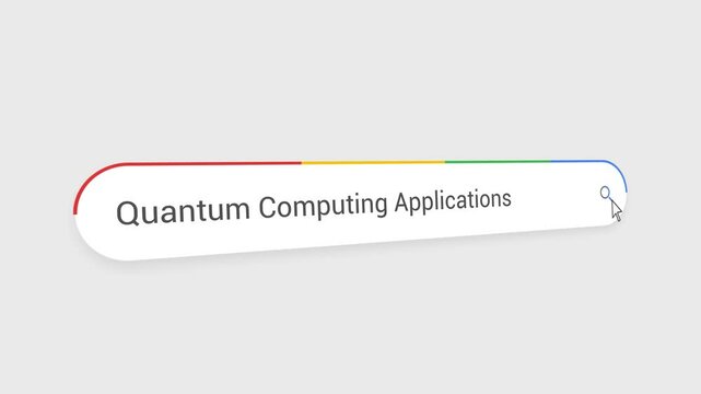 Typing Quantum Computing Applications in Search Bar Animation | Close-Up Search Engine Interface | Web Search for Quantum Computing Applications | Internet Browsing, Technology