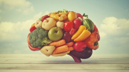 A brain made of fruits and vegetables, Modern lifestyle theme, Whimsical style © ArpPSIqee