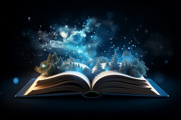 Cosmic wonders  an open book releasing stars and celestial elements against a night sky backdrop