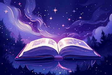 Naklejka premium Cosmic wonders an open book revealing stars and celestial elements against a dark night sky