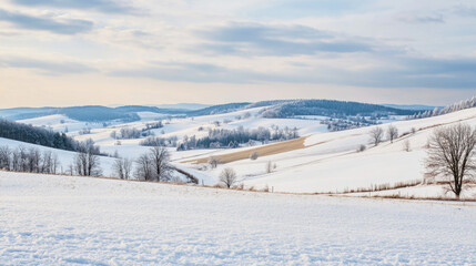 Fototapeta premium Snow-covered landscape under a pale gray winter sky with rolling hills and distant trees during a chilly day