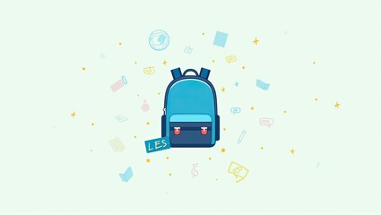 Generative, AI, Illustration of a blue backpack with floating school supplies on a light background, vibrant and minimalistic.

