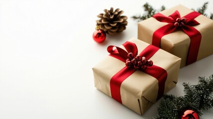 Fototapeta premium Christmas Gift Boxes with Red Ribbons and Pinecone Decorations