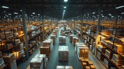 Fototapeta premium A cutting-edge warehouse brimming with neatly arranged pallets and boxes under strategic lighting, Representing the meticulous management of logistics and inventory, photography style