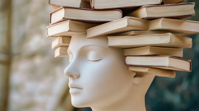 A bust sculpture with books emerging from the top of the head, Intellectual scene, Artistic style - Powered by Adobe
