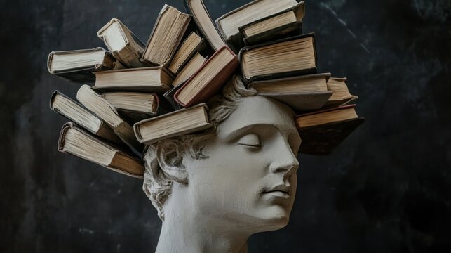 A bust with books emerging from the head, symbolizing intellectual growth and curiosity, Intellectual scene