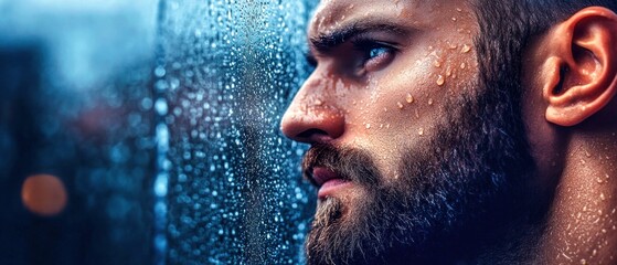 Close-up of Thoughtful Man Staring Out a Rainy Window