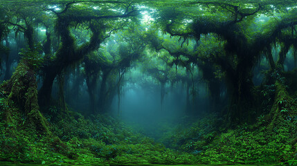 Dense, foggy rainforest at night, with trees covered in moss and vines, creating a dark and mysterious atmosphere.