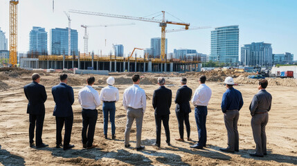 Obraz premium Investors review development plans at a bustling construction site for potential real estate opportunities