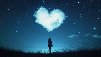 Fototapeta premium A woman admires a heart-shaped cloud illuminating the night sky under the moonlight
