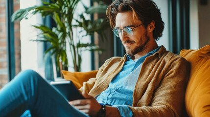 A man reviews his successful investment portfolio while relaxing in a business center's comfortable sofa