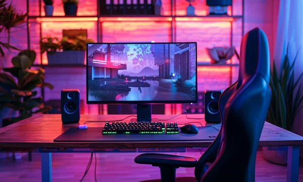 Modern gaming setup with a computer, keyboard, mouse, and speakers in a room with pink and blue lighting.