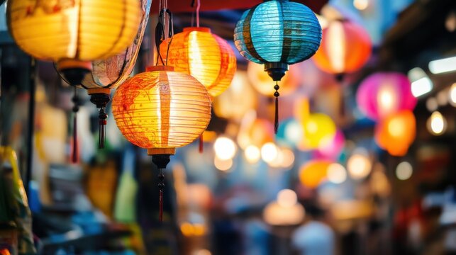 A bustling Asian street market with street food vendors and colorful lanterns, representing vibrant street culture and culinary delights, Street market scene