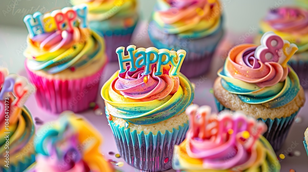 Canvas Prints A close-up of vibrant cupcakes with rainbow swirls of frosting and 