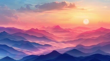 A captivating sunrise fills the sky with hues of pink, orange, and blue, casting soft light over a vast landscape of rolling mountains and valleys beneath a warm sun.