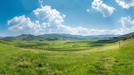 A gorgeous expanse of verdant fields stretches across a tranquil valley, framed by rolling mountains under a vibrant blue sky dotted with fluffy white clouds; a peaceful scene.