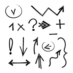 A set of different arrows, numbers and punctuation marks drawn by hand. Question mark, exclamation mark, minus, plus and parenthesis