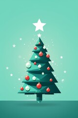 Stylized pale green christmas tree on turquoise background with blue decorations and stars