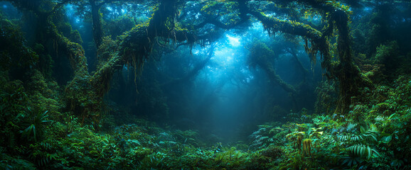 Dense, foggy rainforest at night, with trees covered in moss and vines, creating a dark and mysterious atmosphere.