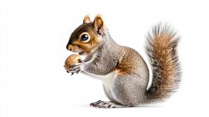 Obraz premium Squirrel Grasping a Nut on a White Background