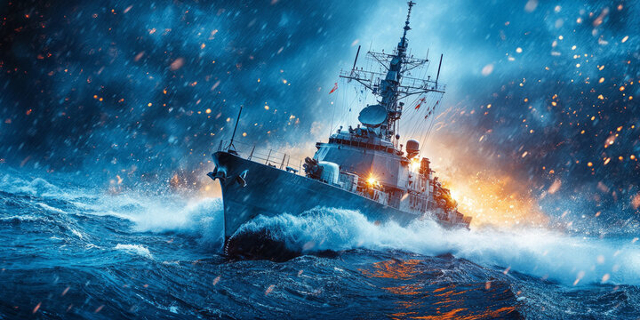 an tactical frigate in the water - themed. ocean background.