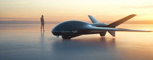 Futuristic drone standing by a serene landscape at sunset, symbolizing technology and innovation in modern transportation.