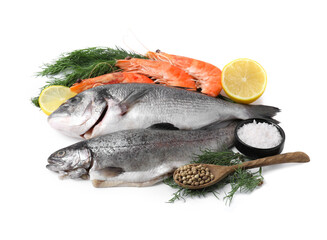 Different fresh sea food with spices isolated on white