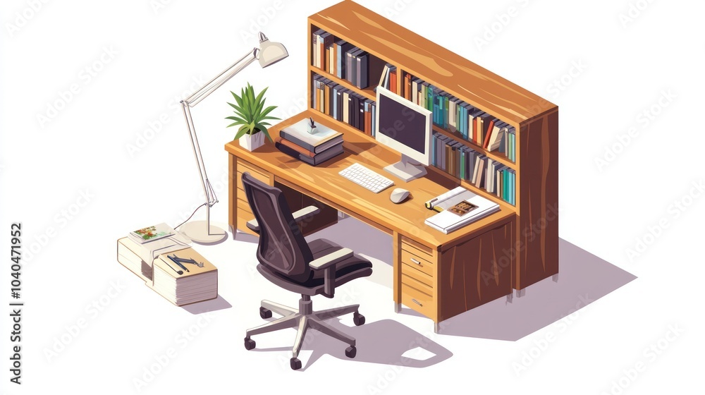 Poster isometric view of a wooden desk with a computer, bookshelf, and chair