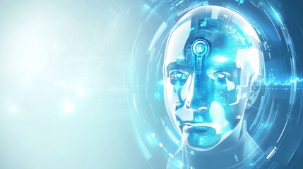 Futuristic image of a humanoid robot head with glowing elements, representing advanced technology and artificial intelligence.