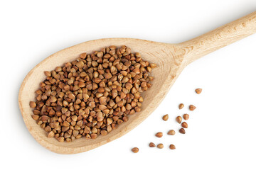 Raw buckwheat in wooden spoon isolated on white background. Top view. Flat lay