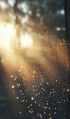 Golden sun shining through rain drops on a window.