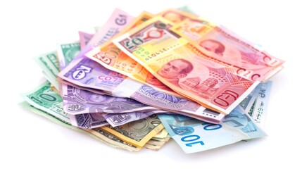 A vibrant assortment of international currency notes stacked in a pile, with diverse colors and designs, representing global economic diversity and exchange.