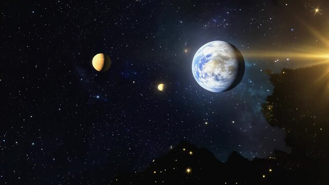 Expansive view of space showing distant planets, stars, and galaxies as the camera zooms out, revealing a cosmic landscape filled with celestial bodies illuminated by reflected starlight.