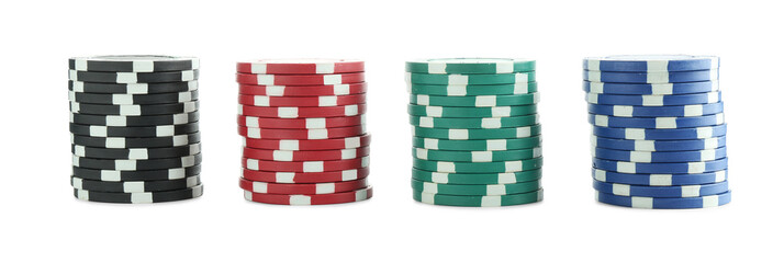 Fototapeta premium Poker game. Casino chips isolated on white