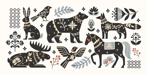 Wild animals with ethnic folk patterns in Scandinavian style.  stickers in vintage style. Boho silhouettes and floral patterns, doodle Scandinavian folk textile pattern