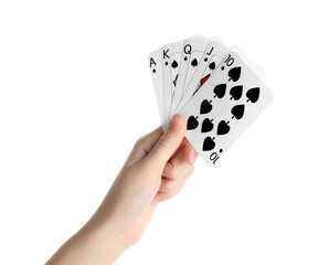 Poker game. Woman holding playing cards on white background, closeup