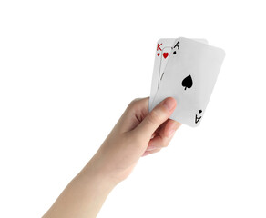 Obraz premium Poker game. Woman holding playing cards on white background, closeup