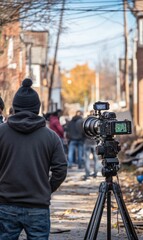 A cameraman filming in a city alleyway.