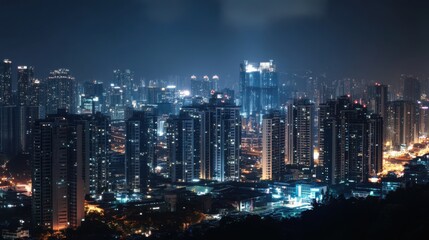 Naklejka premium A bustling cityscape with illuminated skyscrapers and bustling nightlife, representing urban vibrancy and dynamic city life after dark, City nightlife scene