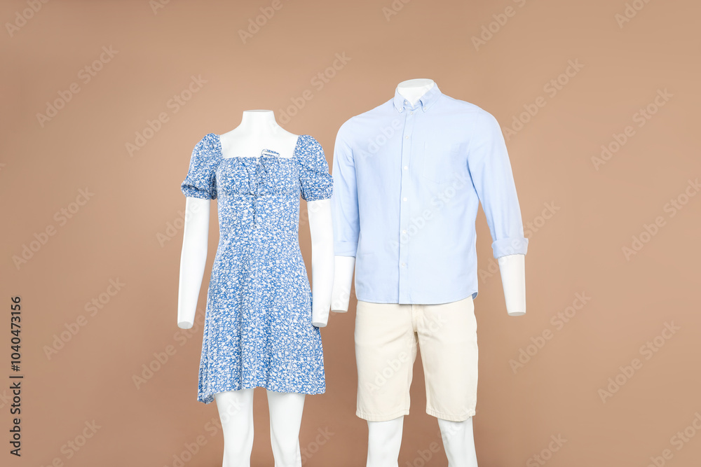 Sticker Female and male mannequins with stylish outfits on light brown background