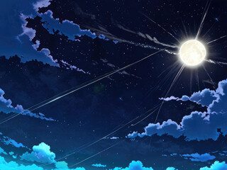 A moonlit night. Thin clouds obscure most of the moon, but rays of light shine through.
