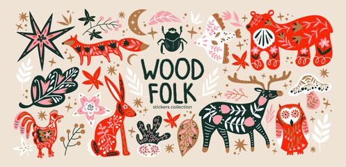 Abstract wood folk shapes with plants, animals, insects and forest elements. Ethnic folk stickers in scandinavian style. Boho animals silhouettes and floral patterns, doodle Scandinavian folk textile 
