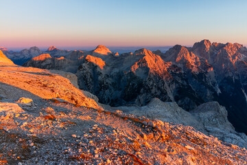 Mountains during sunrise in the Slovenian Alps Julian Alps